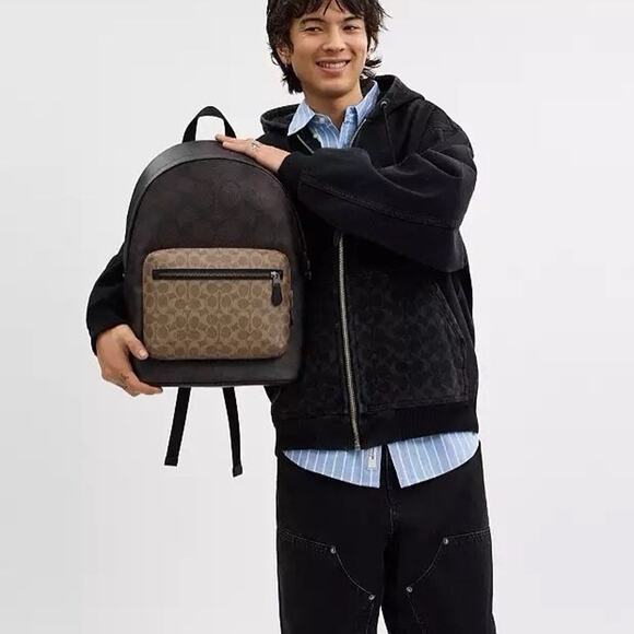 NWT Coach Men’s West Backpack In Blocked Signature Canvas CAB59 Qb/Walnut/Tan - Picture 8 of 11